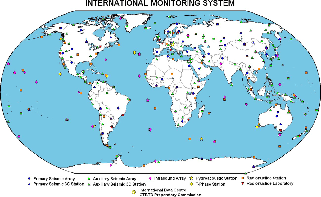 The geographic distribution of the CTBTO International Monitoring System (IMS) Network (https://www.ctbto.org).