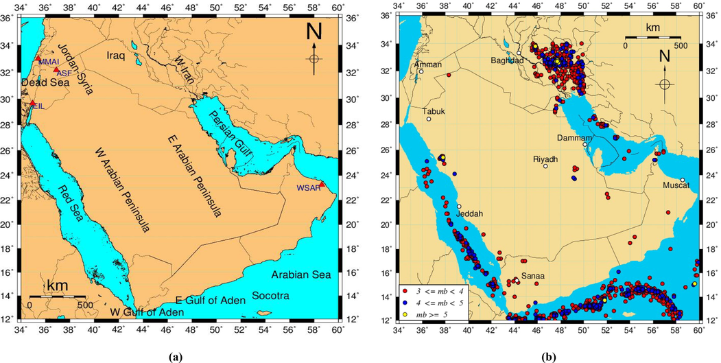 a) Map is showing the location of the twelve regions and geographic distribution of the four IMS Auxiliary seismic stations located at the Arabian Peninsula (Red triangles). 2b) seismicity of the Arabian Plate. Generic Mapping Tools (GMT) developed by Wessel and Smith (1998) was used for data mapping.