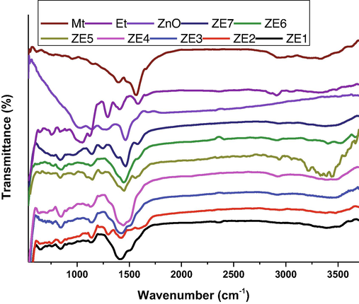 FTIR spectrum of PVA capped ET and MT conjugated ZnO NMs.