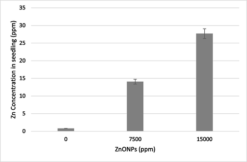 Zn concentration analyzed by ICP-MS in the wheat seedlings exposed to 7500 ppm and 15,000 ppm of ZnONPs.