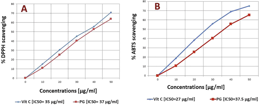 Free radicals scavenging at different concentrations A) DPPH B) ABTs.