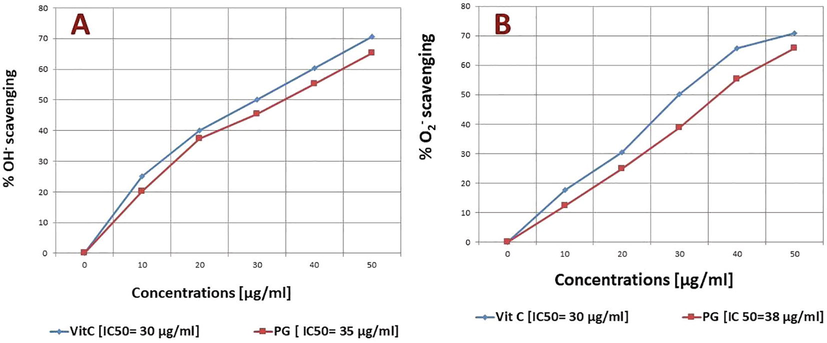 Free radicals scavenging at different concentrations A) OH− B) O2−.