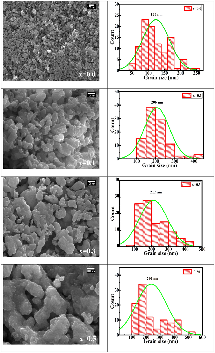 FESEM micrographs and histograms for Sr(1-x)CaxFe12O19 (x = 0.0, 0.1, 0.3, and 0.5).