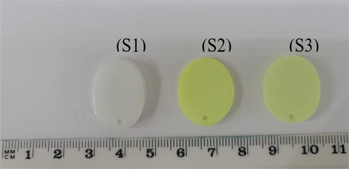 Fabricated scintillators from left to right PS, PS/BECV-DHF, and PS/BECV-DHF/ZnO.