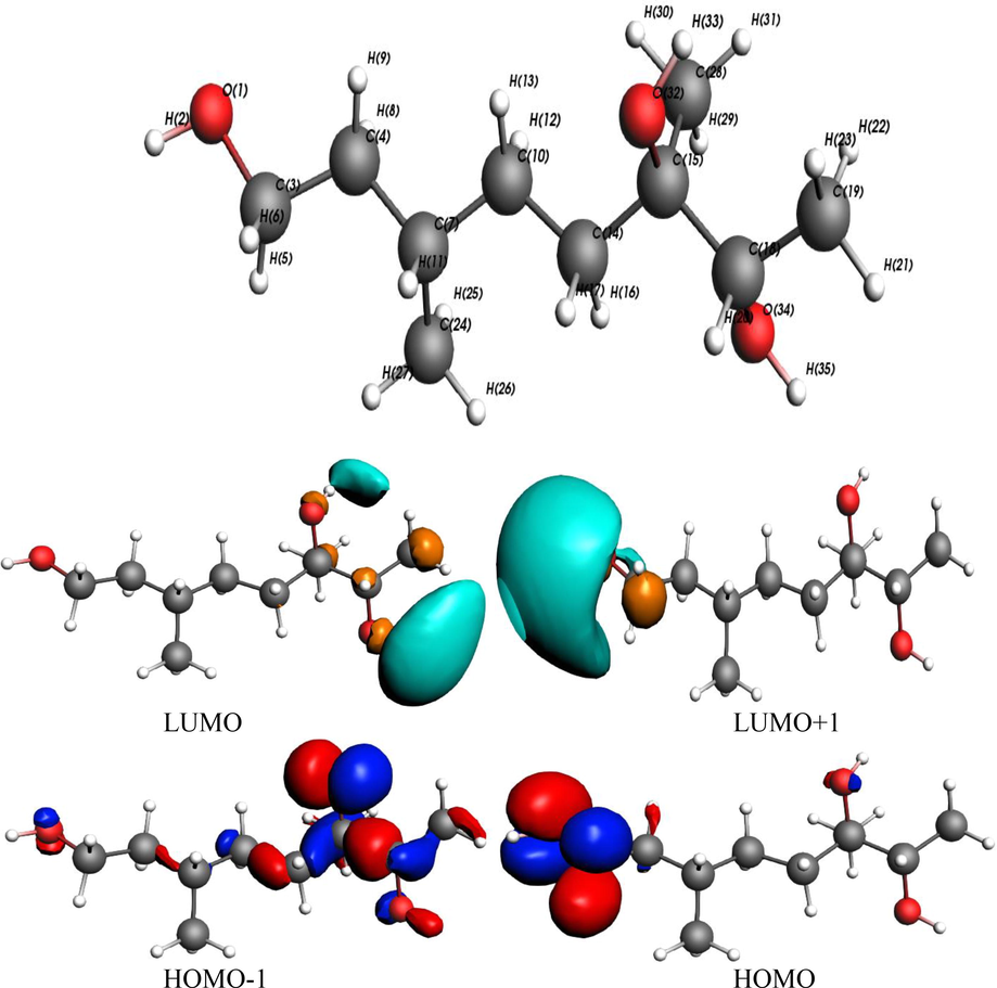 FMOs density of teucriol (1) along with numbering scheme (contour value = 0.035).