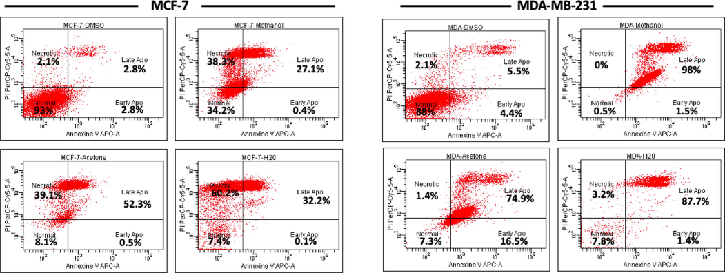 Survival of breast cancer cells after treatment with A. squamosa extracts for 24 h. MCF-7 and MDA-MB-231 cells were seeded at 4 × 105 cells/well and treated with 50 µg/mL methanol, acetone, or aqueous extract in DMEM medium with 10% FBS for 24 h. The apoptotic effect was measured using Annexin V-PI staining kit and flow cytometry.