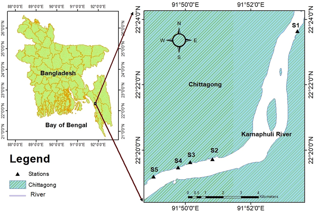 Sampling locations in the study area (Karnaphuli River estuary).