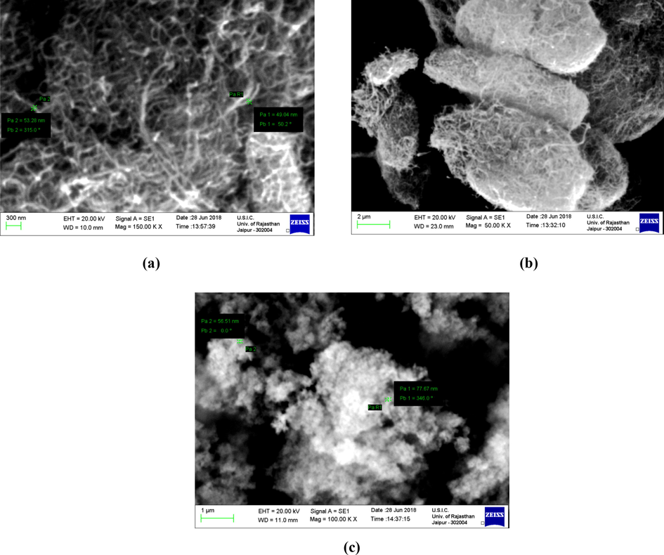 SEM Images: (a) and (b) (–OH) functionalized Multi-walled Carbon Nanotubes and (c) Silicon dioxide Nanoparticles.