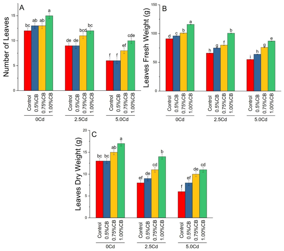 Variable rates of composted biochar impacts on maize number of leaves (A), leaves fresh weight (B) and leaves dry weight (D) under different levels of Cd. Means are average of 3 replicates compared with Tukey’s test. Columns with similar letters are not significantly different.