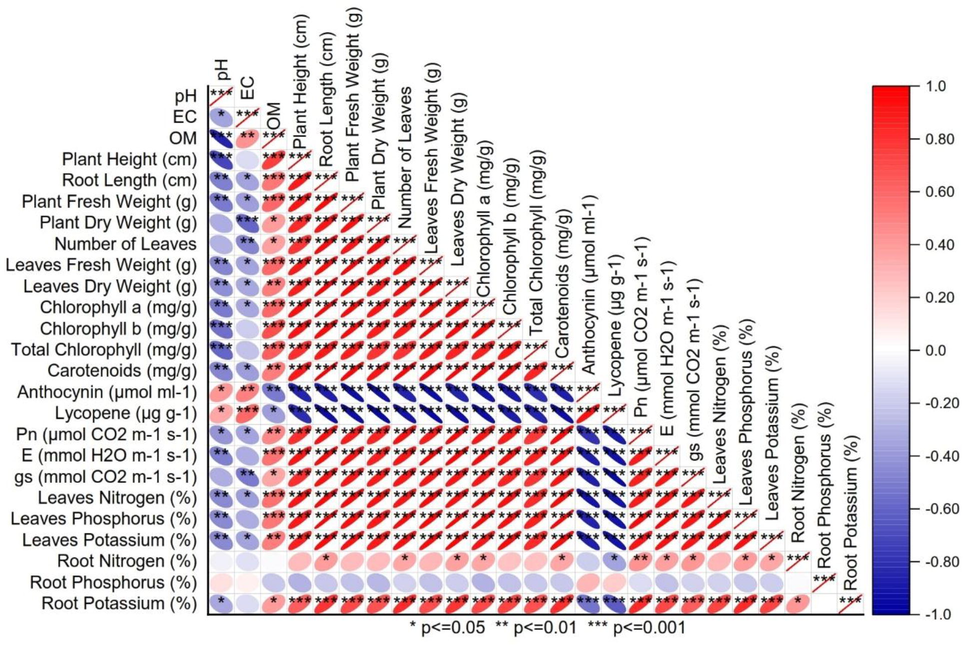 Pearson correlation for different maize attributes grown under various levels of Cd and CB.