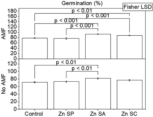 Effect of zinc seed priming, seed coating and soil application with and without AMF inoculation on rice seeds germination. Bars are showing means of three replicates ± SE. Different values on bars are showing p-values computed by Fisher LSD at p ≤ 0.05. Zn = zinc; SP = seed priming; SA = soil application; SC = seed coating.