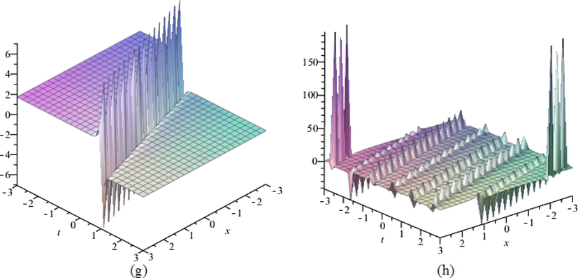 (g) 3D portrayal of dark-singular soliton solution (59). (h) 3D representation of periodic singular solution (63).