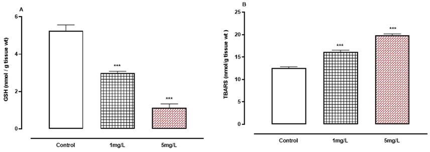 A-B: The effect of arsenic on non-enzymatic oxidative stress indicators. A, GSH.B, TBARS. *** P < 0.001 means compared to control group by ANOVA and student’s t-test.