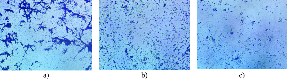 Representative light microscopic (100× magnification) images of biofilm inhibition properties of LGO on C. albicans on coverslip a) medium without lemongrass oil, b) lemongrass oil at 0.125% and c) 0.25% of lemongrass oil.