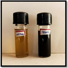 Synthesis of silver nanoparticles using propolis extract (AgNPs). The color change from yellow to dark brown between the initial and final stage of synthesis.