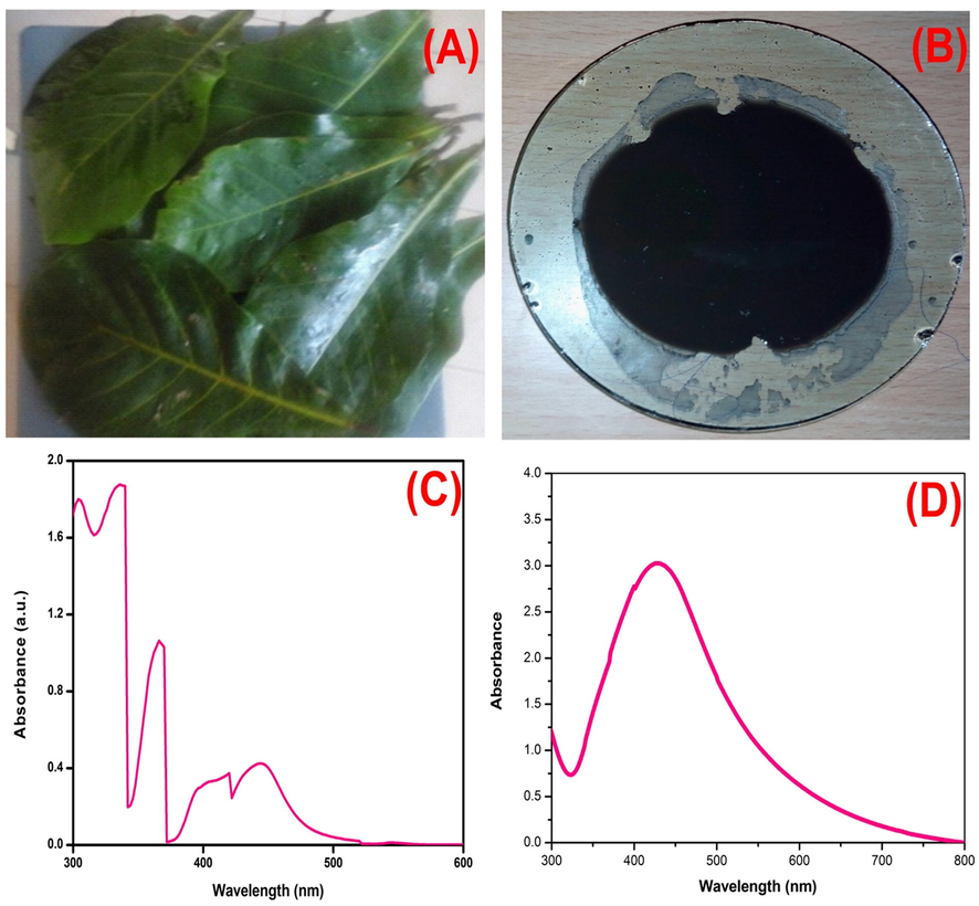 UV /VIS Spectrometric analysis (a) T.Cattappa leaf (b) synthesized AgNPs from T.Cattappa leaf (c) UV–Vis Spectra of T.Cattappa leaf extract (d) UV–Vis Spectrum of AgNPs.