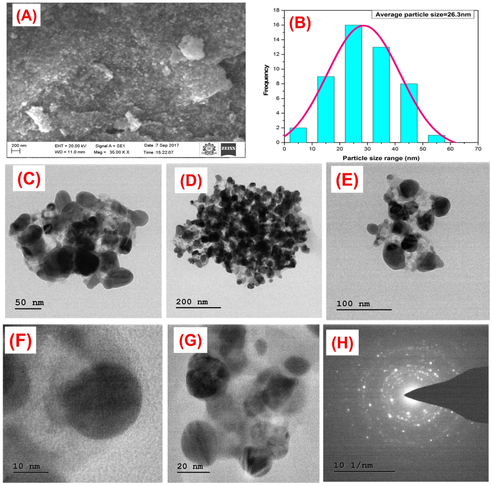 a) Depicting SEM microphotographs of synthesized AgNPs b) Particle size distribution curve. TEM micrograph of AgNPs. (c-g) different magnifications of AgNPs, (h) SEAD pattern of silver nanoparticles.