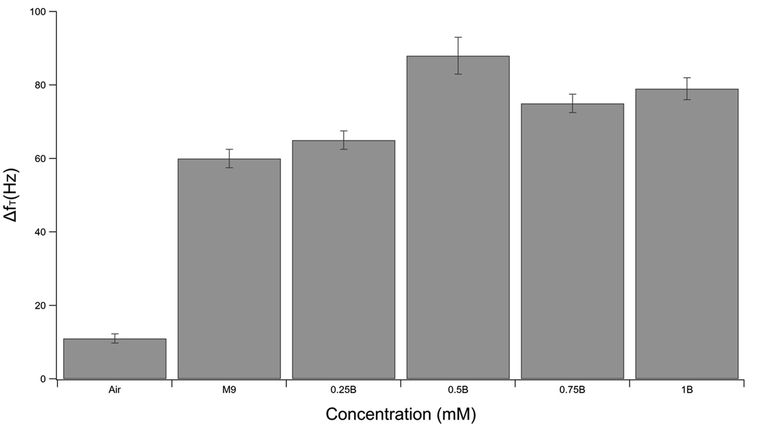 Frequency shifts due to the laser beam heating of the free tip of the cantilever in the empty microchannel and microchannel filled with different bacterial concentrations.