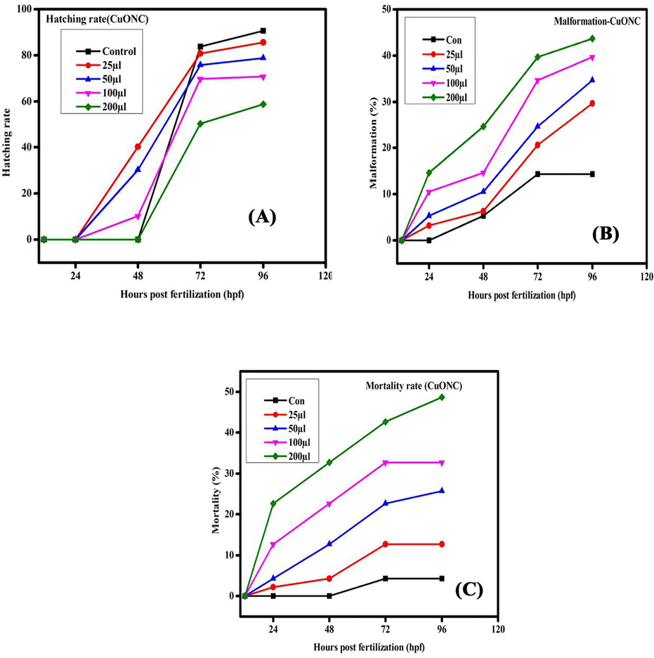 Hatching rate, malformation, and mortality rate in zebrafish embryos exposed to CuONC for different hours of post-fertilization (hpf).