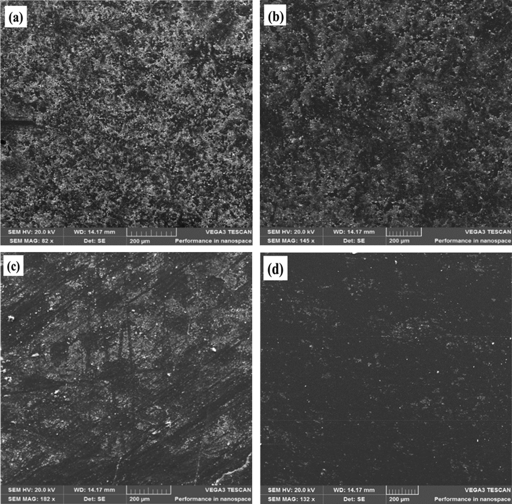 SnO2 SEM micrographs at (a), 250 °C (b), 350 °C (c) 450 °C (d) 550 °C.