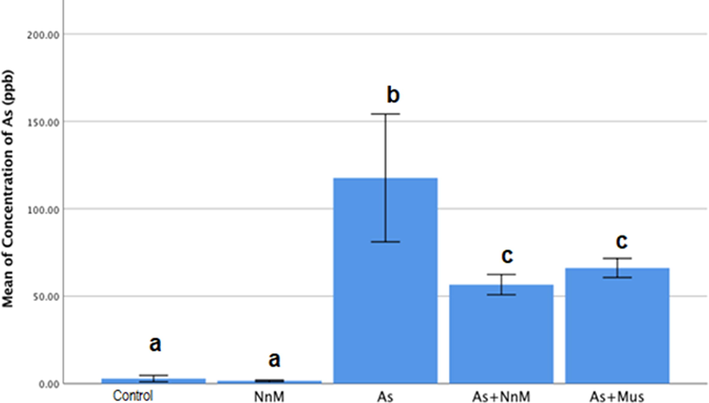 Mean (±SD) concentration (ppb) of arsenic in brain tissue of rats exposed to arsenic (As) and treated with Indian mustard seeds (As + Mus) and nanoparticles of mustard seeds (As + NnM). A significant (p ≤ 0.05) difference is observed in values with different letters.