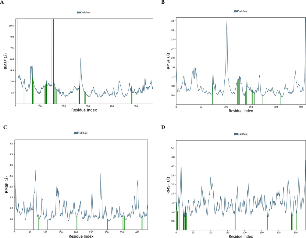 The RMSF lasting during MD simulation of the complex of dengue protein residues (A = 2J7W, B = 1L9K, C = 2VBC and D = 1OK8) and guggulsterone. The green coloured lines indicate the interacting residues.