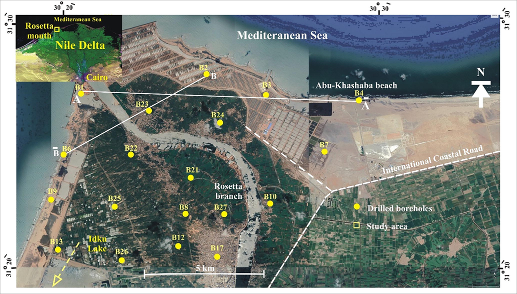 Location map of the study area, boreholes (Smithsonian's Nile Delta Project, Chen et al., 1992).