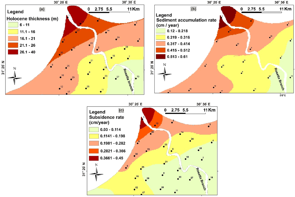 Study area parameters for a) Holocene thickness distribution geo-spatial map, b) Sediment accumulation distribution geo-spatial map, and c) Upward land subsidence distribution geo-spatial map.