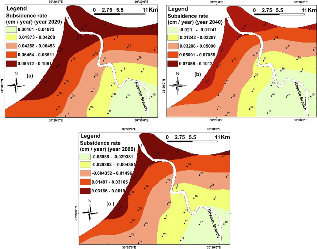 Geo-spatial distribution for the predicted upward land subsidence rates in the study area by the regression equation; a) year 2020; b) year 2040 and c) year 2060.