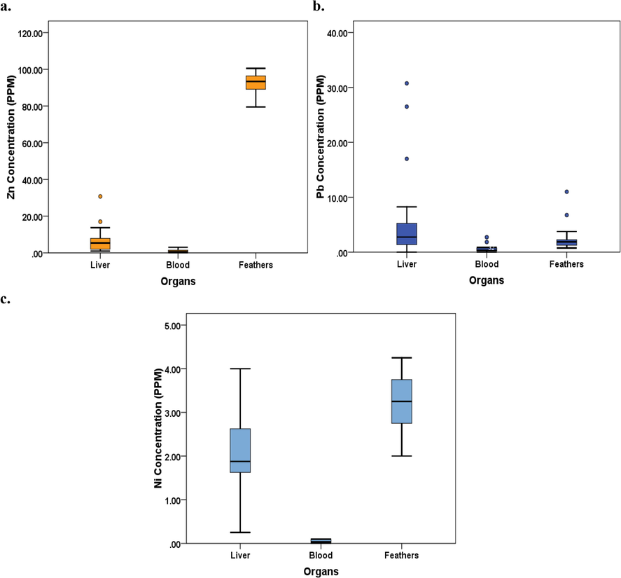 Levels of trace metals observed in different organs of bank myna Acridotheres ginginianus (a) Zn, (b) Pb, (c) Ni.