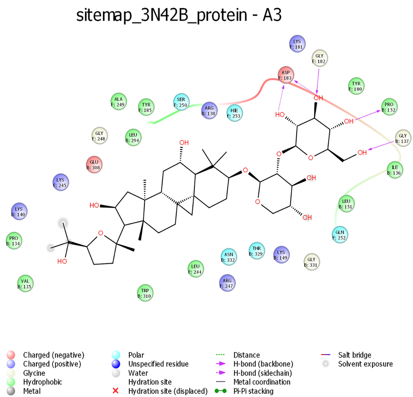 Interaction profile of Astragaloside III with 3N42B protein target of Chikungunya virus.