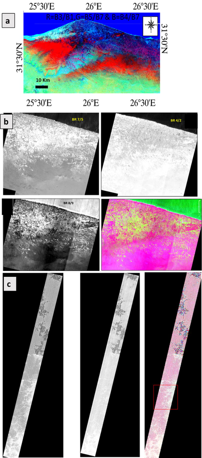 Band ratio applied in the different remote sensing data for lithological discrimination, a) Landsat TM+, b) ALI c) hyperspectral.