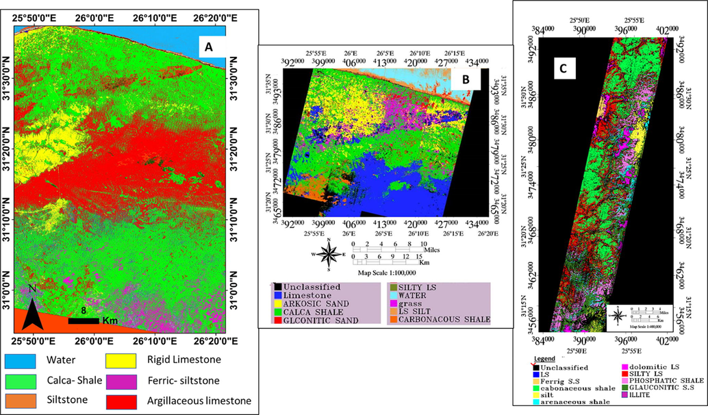 Supervised classification image for study area. A) Landsat ETM+ B) (ALI) image C)EO-1Hyperion.