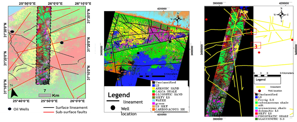 Comparison of the EO-1 Hyperion, and Landsat ETM supervised classification maps with overlaid sub-surface faults from seismic data and identified surface faults from satellite images.