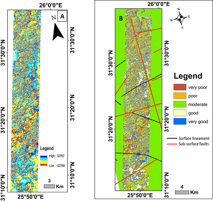 The hyperspectral remote sensing-derived HD and HI ratio indices, B)micro-seepage Hydrocarbon potentialities map result from GIS weighted sum method.