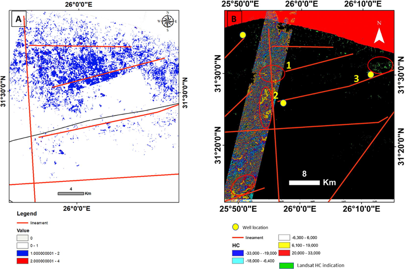 A) The remote sensing-derived hydrocarbon detection result of ALI image. B) hydrocarbon detection of Hyperion EO1-image overlaid on the hydrocarbon ratio result for Landsat image in the background.