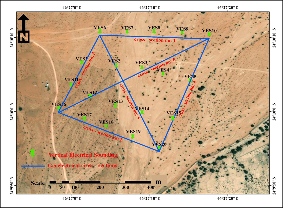 Shows the placement of VES stations as well as geoelectrical cross-sections in the studied area.