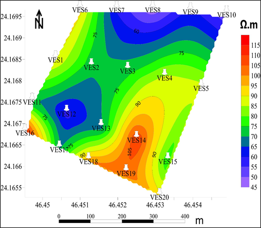 The shallow groundwater bearing zone's geoelectrical resistivity contour map.