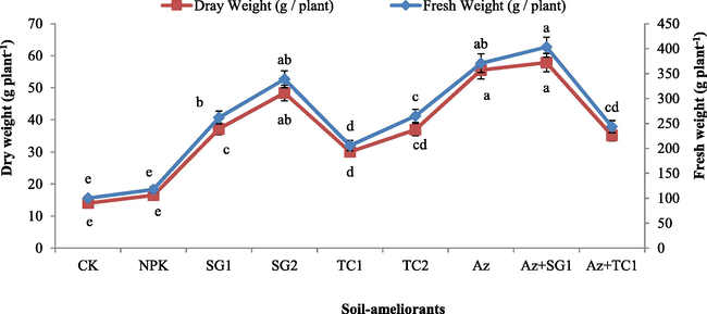 Effect of soil-ameliorants on corn fresh and dry weights (g plant−1) after 90 days of sowing in saline-sodic soil. Values (mean ± SD; N = 3) with similar letters are non-significantly different at p ≤ 0.05. For a detailed description of treatments, see Table S2.