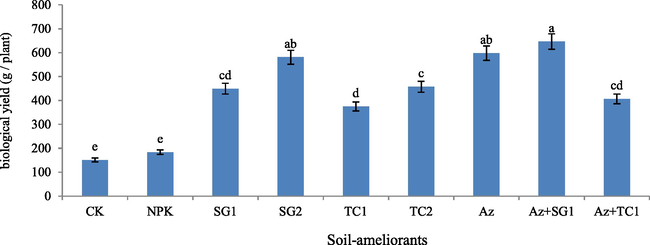 Effect of soil-ameliorants on biological yield (g plant−1) of corn plants in saline-sodic soil under greenhouse. Values (mean ± SD; N = 3) with similar letters are non-significantly different at p ≤ 0.05. For a detailed description of treatments, see Table S2.