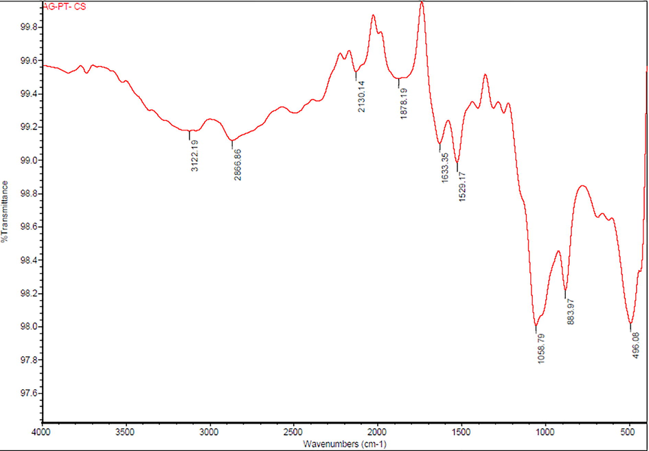 FTIR spectrum of green prepared Ch-Pt-Ag NCs.