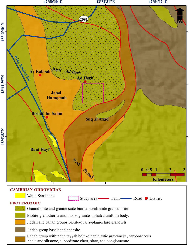 Geological setting map of Wadi Ar Rabbah (Denis et al., 1991).