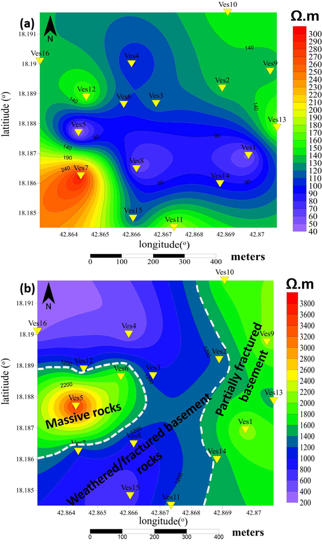 Contour maps for the true resistivity (ohm m), a) for the alluvial topmost layer, b) for the second highly fractured/weathered basement.