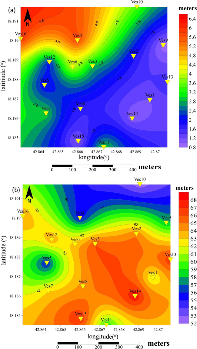 Contour maps for thickness (m), a) for the alluvial topmost layer, b) for the second highly fractured/weathered basement.