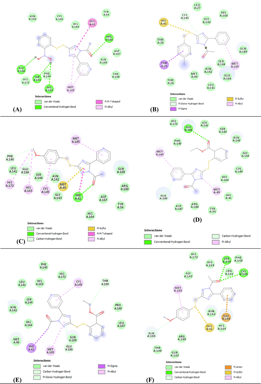 Different interactions and key residues for the inhibitor binding between 6LU7 and compounds (A) 8, (B) 6, (C) 11, (D) 9, (E) 10 and (F) 7.