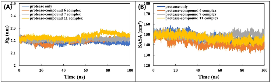 (A) Rg of the backbone of SARS-CoV-2 Mpro and associated complexes with compounds 6, 7, and 11 over 100 ns MD simulation. (B) SASA of SARS-CoV-2 Mpro and associated complexes with compounds 6, 7, and 11 over 100 ns MD simulation.