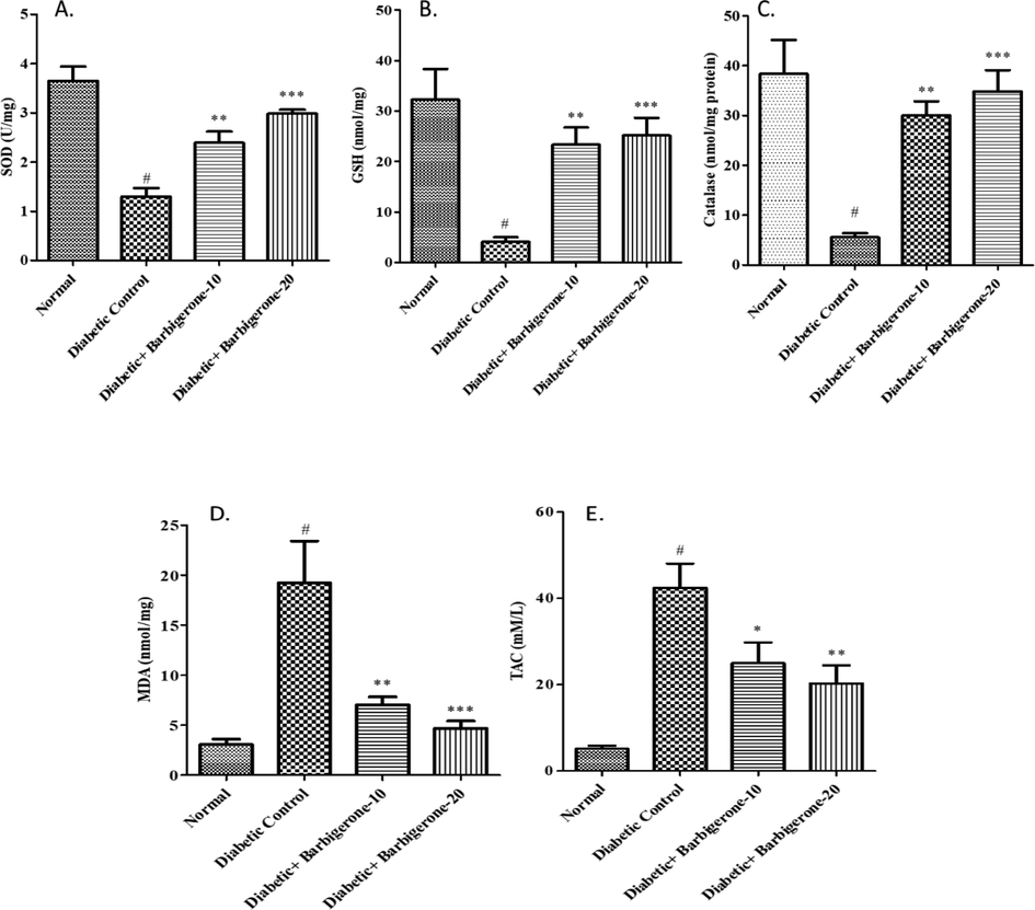 Effect of barbigerone on antioxidant enzyme parameters A. SOD, B. GSH, C. Catalase (CAT), D. MDA, E. TAC. All values are expressed as mean ± SEM. Correlation among the groups was done using Tukey’s test by one- way ANOVA. P value < 0.05, 0.01, 0.001 was expressed as *, **, *** as compared to diabetic control group. # Signifies comparison to normal control group (P < 0.001).