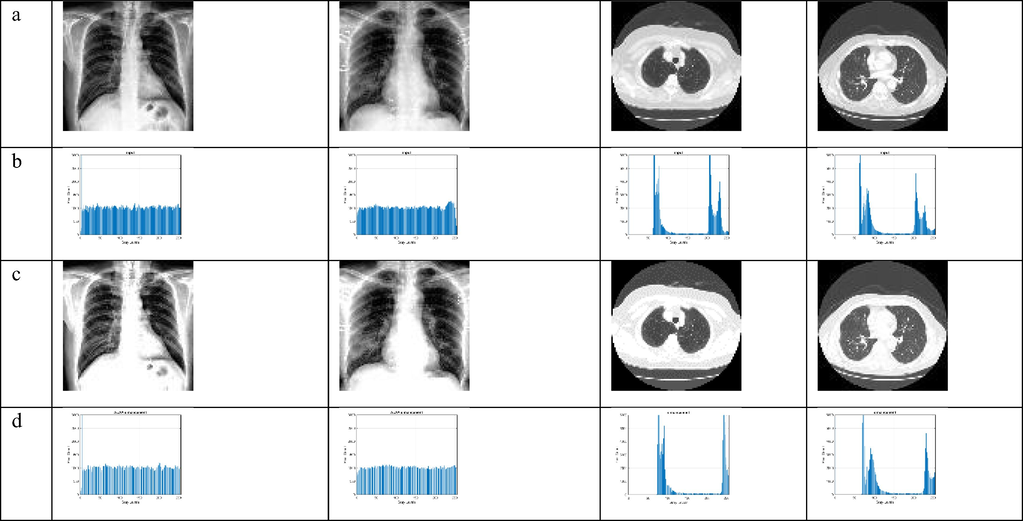 The output of the proposed FToRE enhancement algorithm. (a) Input images, (b) Histogram of input images, (c) Enhanced images, (d) Histogram of enhanced images.