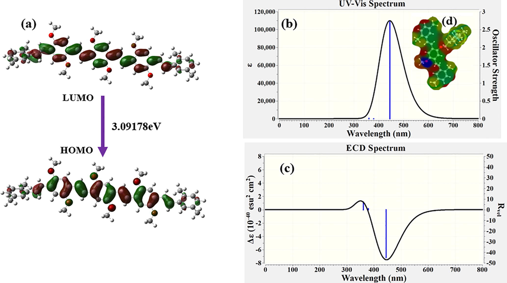 Simulated molecular orbitals structure (furrier densities), (2b) US-VIS and (2c) ECD structure of MDMO-PPV [n = 3] using TD-DFT B3LYP method with 6–31G basis set, and (2d) Acceptor sites of MDMO-PPV [inset of Fig 2b].