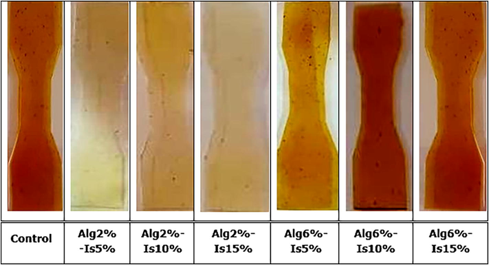 Formulations of bioplastics at different concentrations of Alg and IS.